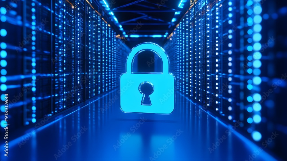Poster digital cybersecurity concept with a glowing lock icon in a futuristic server room, signifying data 