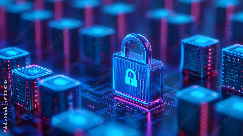 Aufkleber digital data security concept with glowing padlock and network of computers. cybersecurity technolog