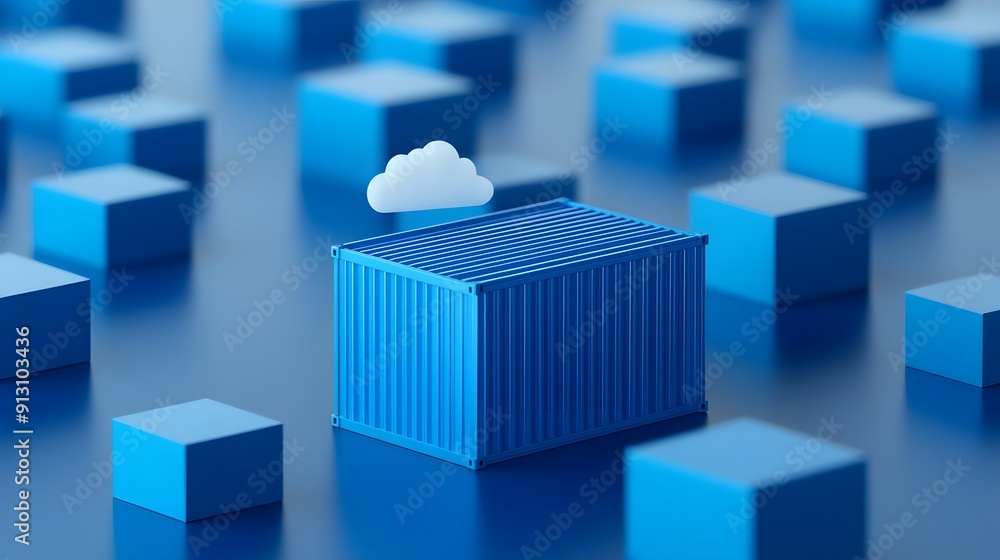 Poster digital illustration of a blue container with a cloud icon, representing cloud computing and data st
