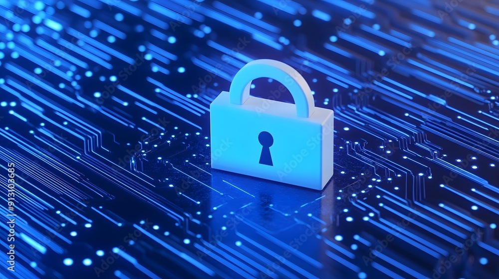 Poster digital illustration of a lock symbol on a circuit board, representing cybersecurity and data protec