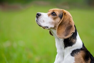 A beagle dog is looking up at the camera. The dog is brown, white, and black