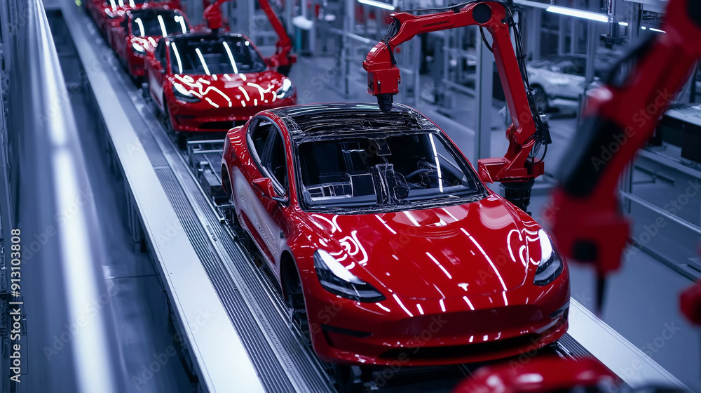 Poster High-angle view of synchronized robotic arms assembling multiple car models on a conveyor belt