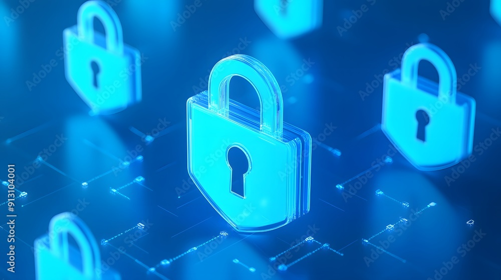 Aufkleber digital illustration of glowing padlocks representing cybersecurity and data protection in a digital