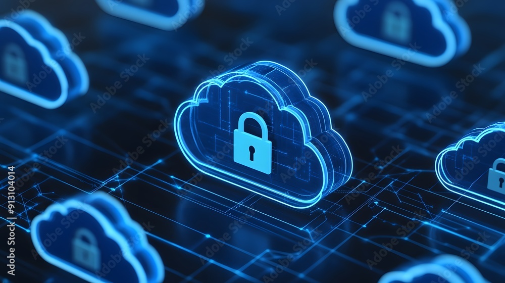 Poster digital illustration of secured cloud storage with padlocks, representing encrypted data and cloud c