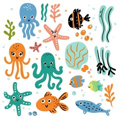 Cute cartoon underwater illustration set