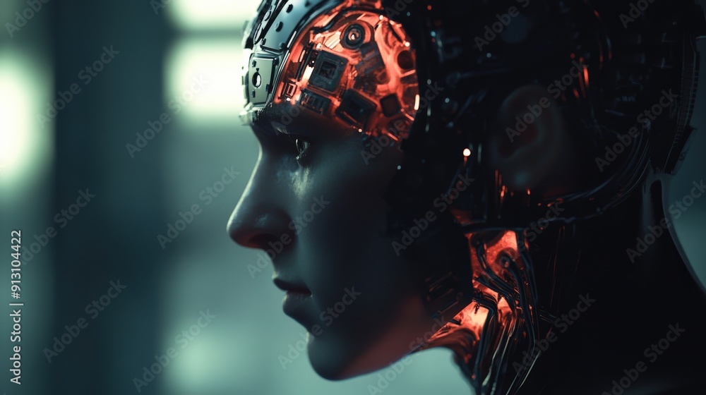 Poster a humanoid figure with intricate circuitry and glowing elements stands in a shadowy space, highlight