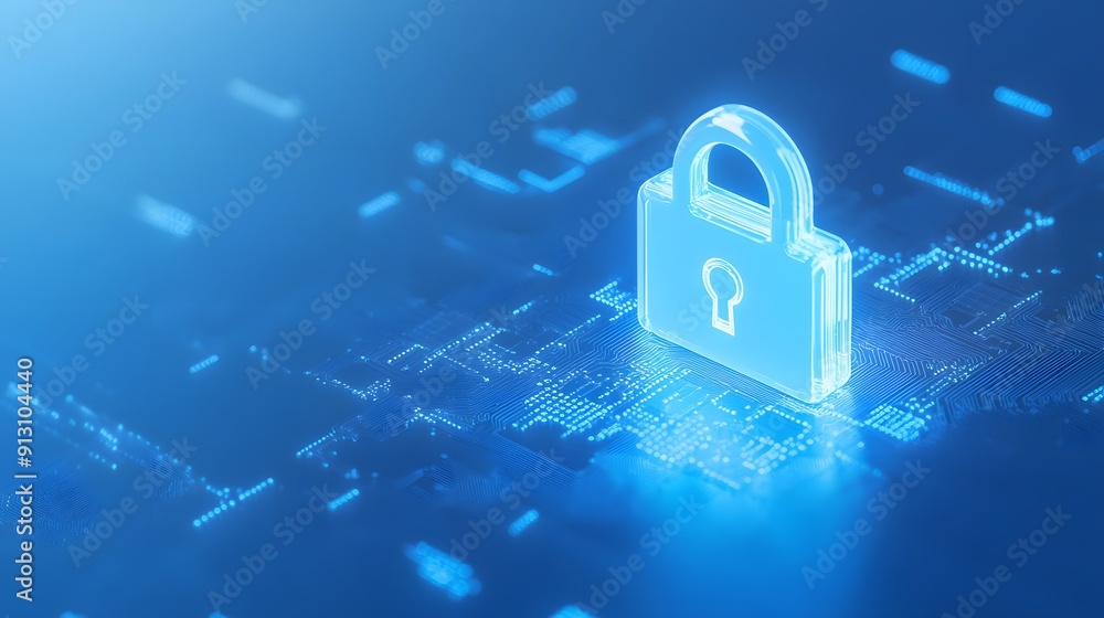 Poster digital lock representing data security and cyber protection in a technological digital network envi
