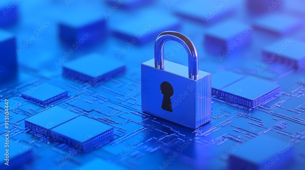 Aufkleber digital lock representing online security and data protection on a blue circuit board background, sy