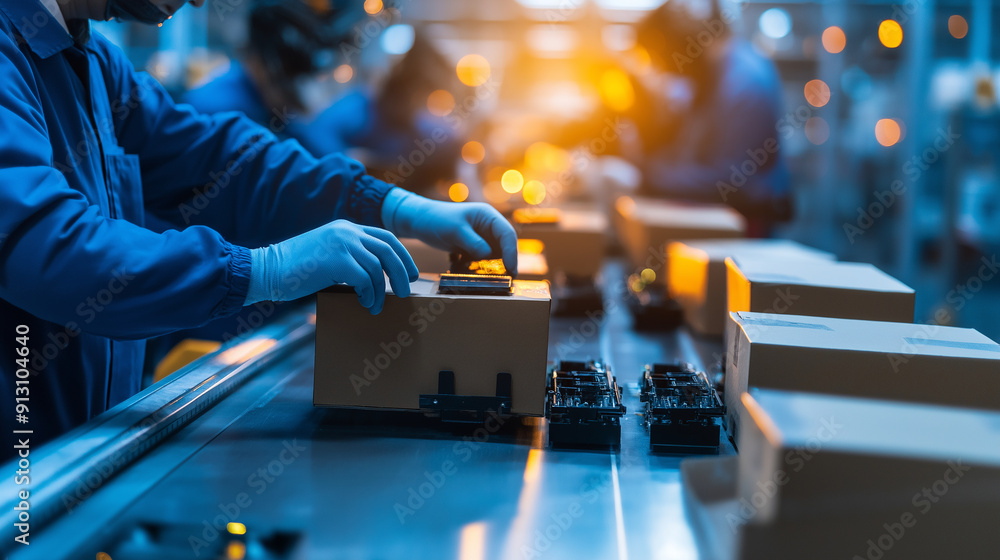 Poster skilled hands packing high-tech gadgets into boxes on a precision-engineered assembly line