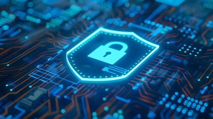 Digital padlock icon on a neon circuit board representing cybersecurity and data protection in modern technology.