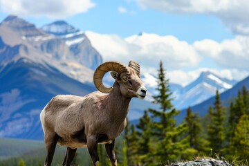 Naklejka premium A ram stands in a forest with mountains in the background. The ram is looking to the right