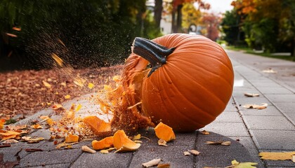 A fall pumpkin smashed on the sidewalk outside, autumn trees in the background, 