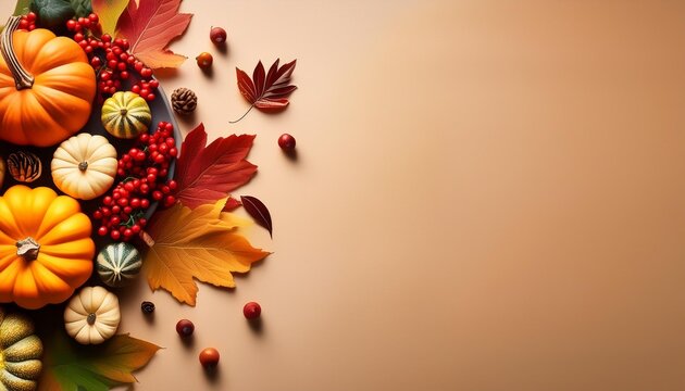 Fall tablescape background shot from above with pumpkins leaves and berries in Autumn colors for thanksgiving.