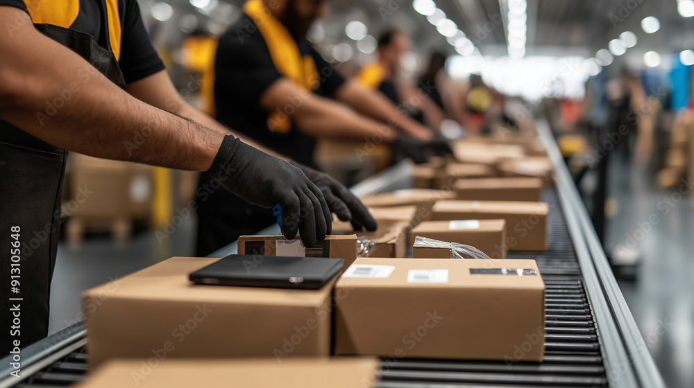 Poster close-up of hands methodically placing packaged electronics into protective boxes on a high-tech con