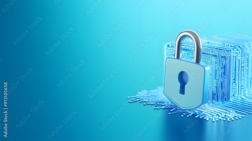 Poster digital padlock securing data represented by a circuit, symbolizing cybersecurity and data protectio