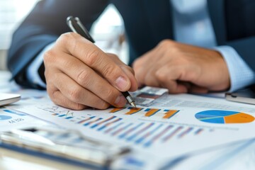 Close-up of businessman hands working on company finances, earnings and budget. Accountant with a pen calculating monthly expenses, papers, loan documents and invoices