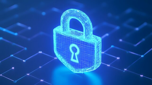 Digital padlock representing online security and data protection in a vibrant blue design, highlighting cyber security measures.