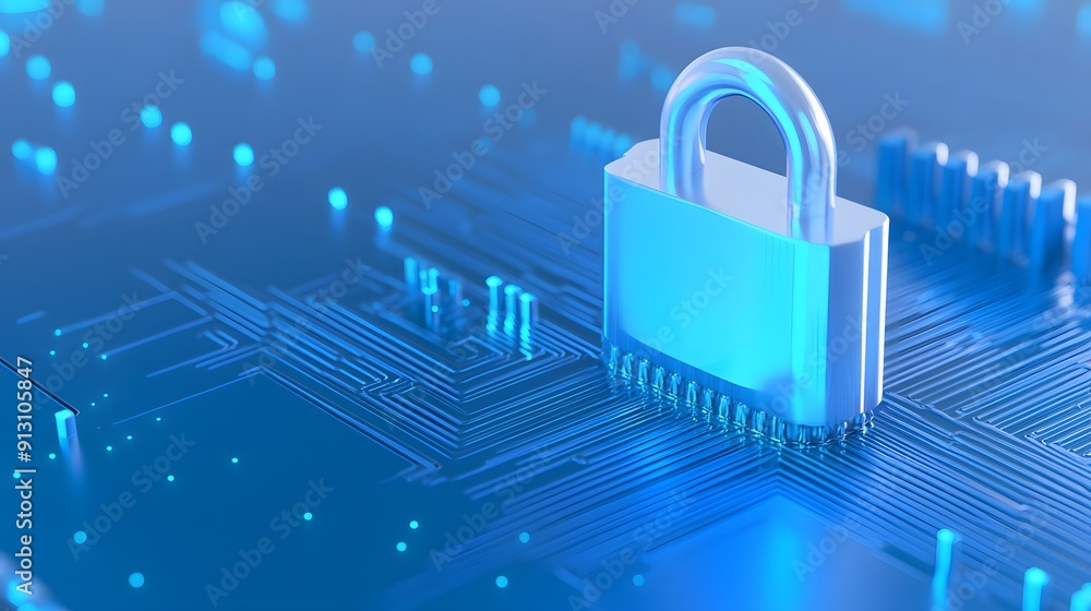 Poster digital padlock symbol on a circuit board, representing cybersecurity, data protection, and secure t