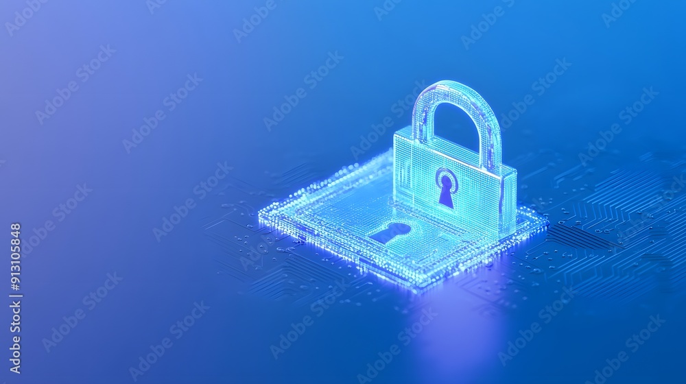 Poster digital padlock symbol on a technological blue background representing online security and data prot