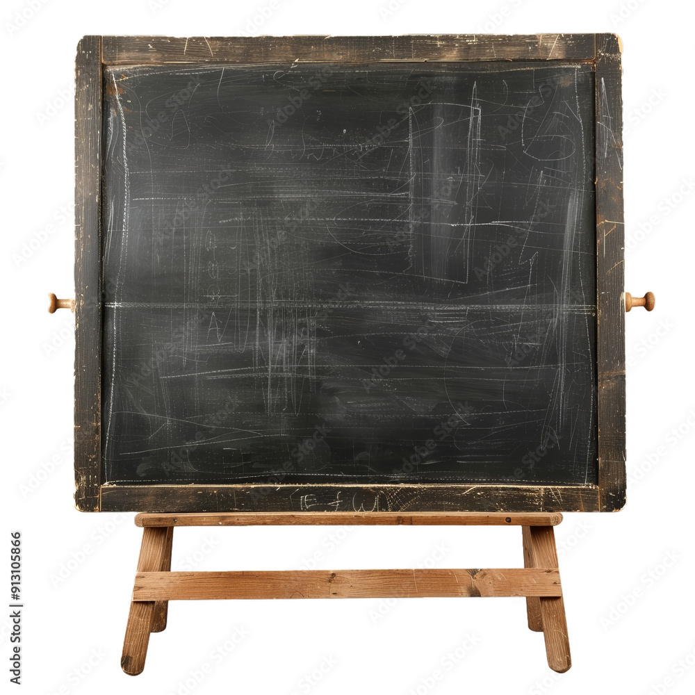 Poster old empty chalkboard with traces of chalk and a wooden frame is standing on a wooden easel