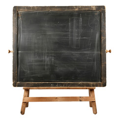 Obraz premium Old empty chalkboard with traces of chalk and a wooden frame is standing on a wooden easel