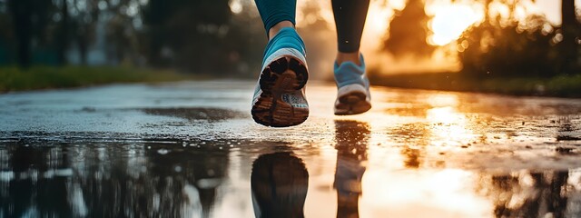 A close-up of the woman's feet, runing on muddy ground at sunset. The focus is on her shoes and legs as she runs along an old dirt road
