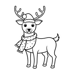 Festive Christmas Deer in Santa Hat and Scarf Vector - Cartoon Clipart Design