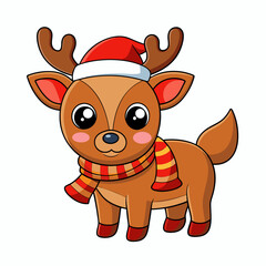 Festive Christmas Deer in Santa Hat and Scarf Vector - Cartoon Clipart Design
