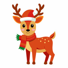 Festive Christmas Deer in Santa Hat and Scarf Vector - Cartoon Clipart Design