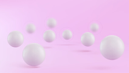 Abstract background with dynamic 3d spheres. White bubbles. Vector illustration of glossy balls. Modern trendy banner design