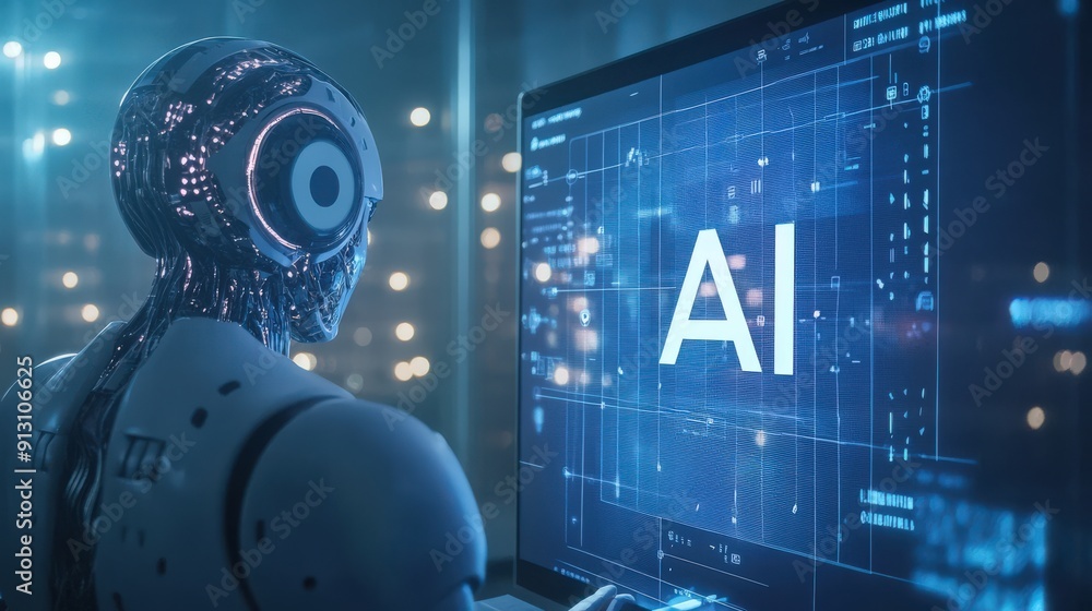 Poster a robotic figure engages with an ai data display on a computer, showcasing advanced technology in a 