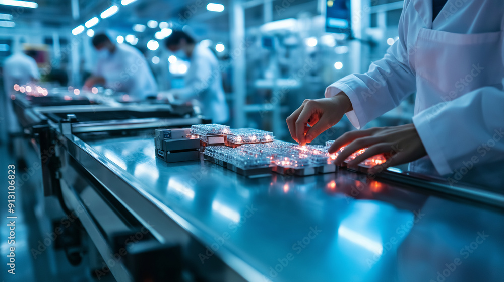 Aufkleber close-up of hands arranging packaged devices on a seamless conveyor line in a high-tech factory