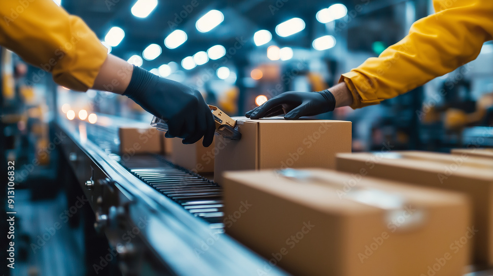 Poster close-up of hands carefully loading packed gadgets onto a robotic conveyor belt in an advanced tech 
