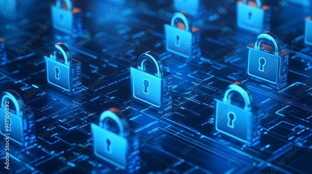 Poster digital security concept featuring multiple padlocks on a blue circuit board background symbolizing 