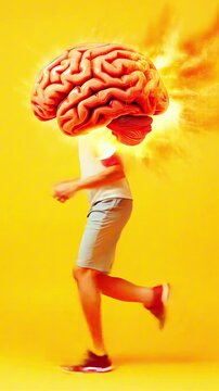 Surreal Image of Running Person with Exploding Brain, Creative Concept Art in Bright Colors