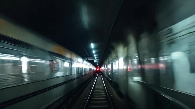 Experience the exhilarating rush of a late-night subway ride, with vibrant lights flashing by as the train zips through the underground tunnel.