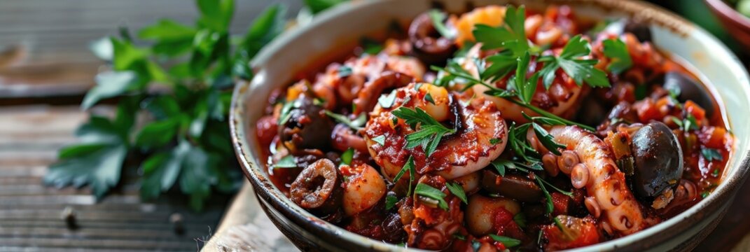 Braised Octopus Stew in Tomato Sauce with Garlic Olives Italian Style Polipetti Affogati alla Luciana