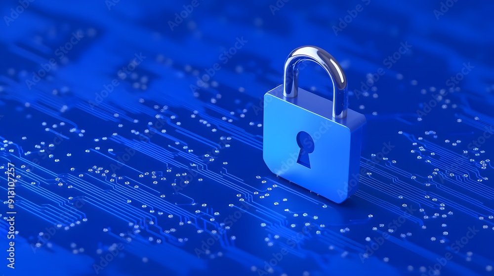 Poster digital security concept with a blue padlock symbol on a circuit board background, signifying data p