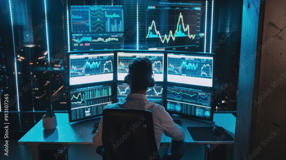 Poster man analyzing financial data on multiple monitors