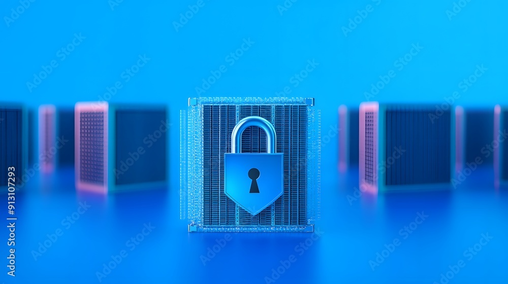 Poster digital security concept with a futuristic lock icon in a blue environment, representing data protec