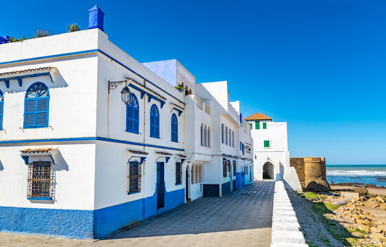 Beautiful view of street with typical arabic architecture. Location: Asilah, North Morocco, Africa. Artistic picture. Beauty world.