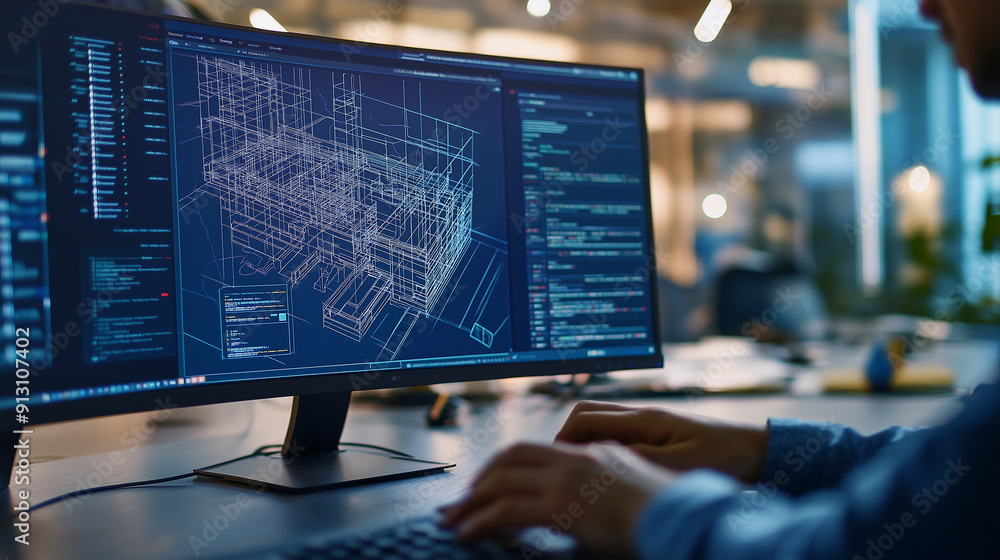 Poster close-up of a bim software screen showing detailed building components, with professionals analyzing