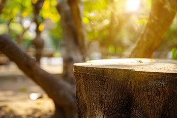 A tree stump sits in the middle of a park. The stump is surrounded by trees and has a natural, rustic appearance. The sunlight shining on the stump creates a warm, inviting atmosphere