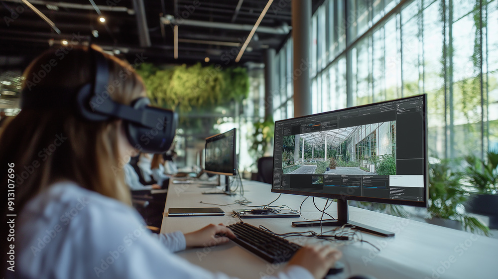 Poster virtual reality setup with architects and engineers immersed in a 3d bim model walkthrough