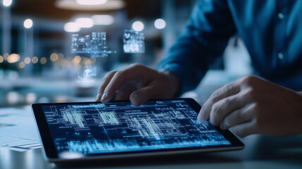 Engineers and architects examining a high-resolution 3D BIM model on a tablet, with construction plans in the background