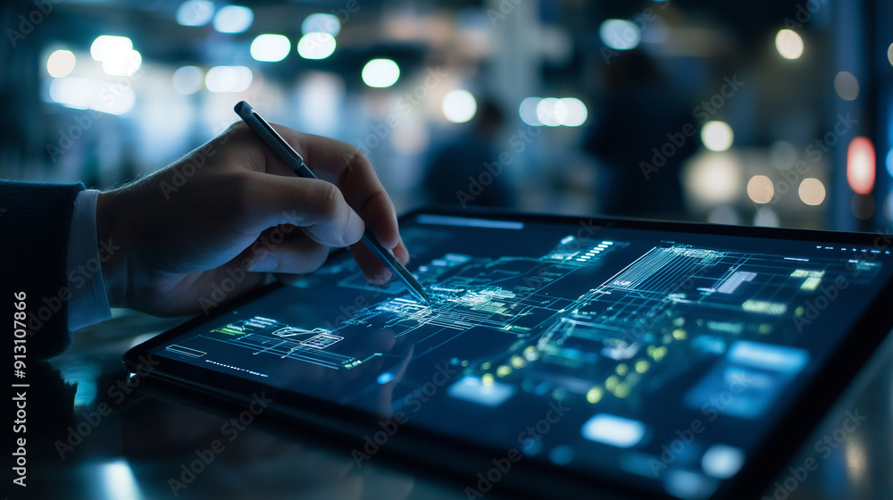 Poster close-up of a tablet showing a bim model, with hands of architects and engineers making annotations