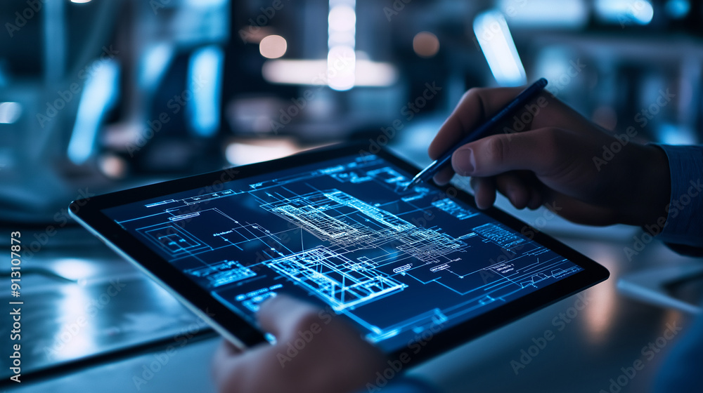 Aufkleber close-up of a tablet showing a bim model, with hands of architects and engineers making annotations
