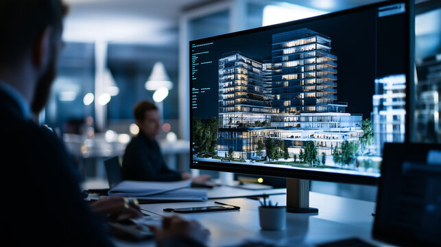 BIM model of a modern building displayed on a computer monitor, with engineers and architects in discussion nearby