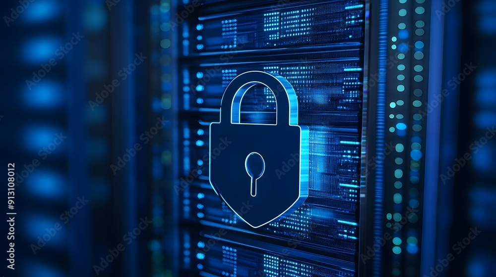 Poster digital security concept with a lock icon on a server background, representing data protection and c