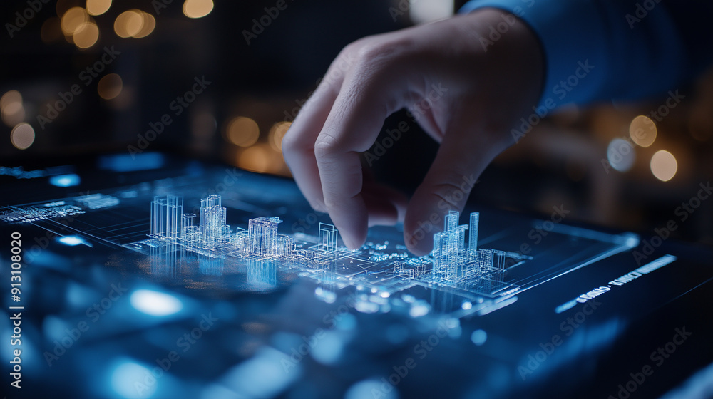 Poster close-up of an engineer's hand adjusting parameters in a bim software, with a 3d model on the screen